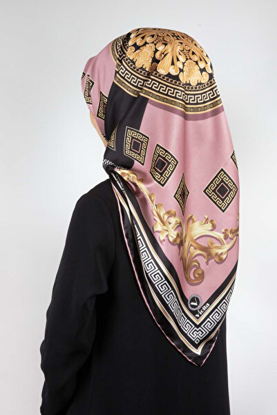 VİOLLA Twill Barok Desenli Pudra Renkli 90x90 Eşarp (İpek İçermez) Kenar Diki...
