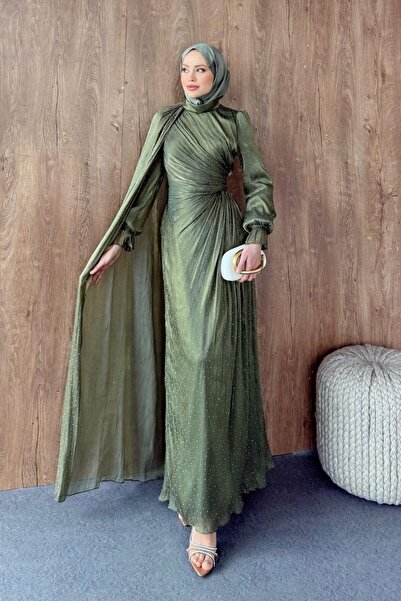 Şulemoda Giyim Stone Detailed Evening Dress Khaki