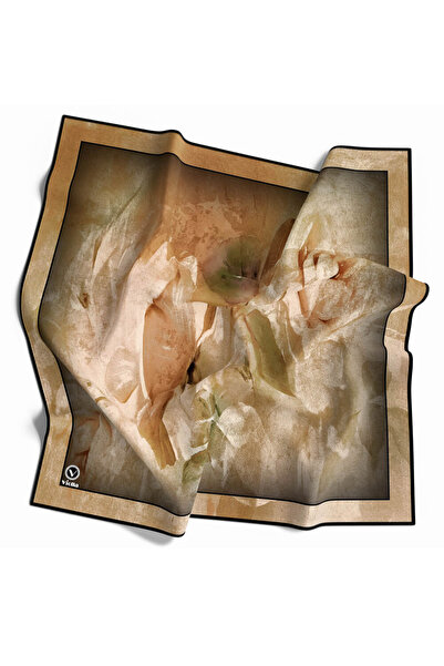 VİOLLA Twill Sulu Boyalı Çiçek Desenli Hardal Renkli 90x90 Eşarp (İpek İçerme...
