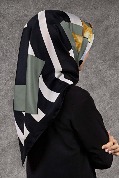 VİOLLA Twill Çizgili ve Gold Desenli Siyah - Haki Renkli 90x90 Eşarp (İpek İç...