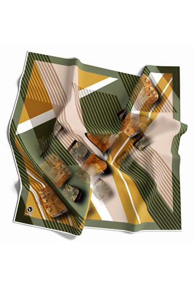VİOLLA Twill Çizgili ve Geometrik Desenli Haki Renkli 90x90 Eşarp (İpek İçerm...