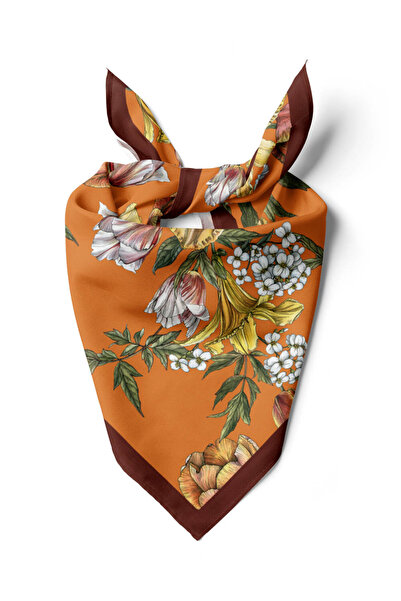 Modabutik Kadın Çiçek Desenli Bandana 50x50 Turuncu Sarı Beyaz DG0477-22 Snz