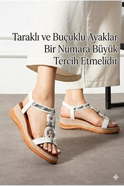 Ayax Beyaz Tek Bant Halka Taş Bağcık Aksesuarlı Günlük Kadın Sandalet