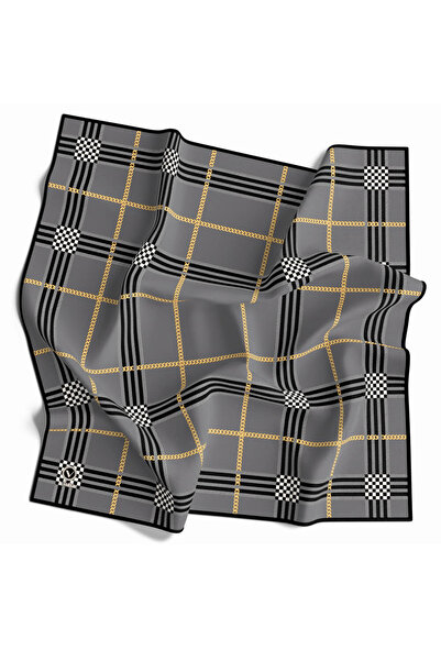 VİOLLA Twill Ekose Desenli Gümüş Renkli 90x90 Eşarp (İpek İçermez) Kenar Diki...