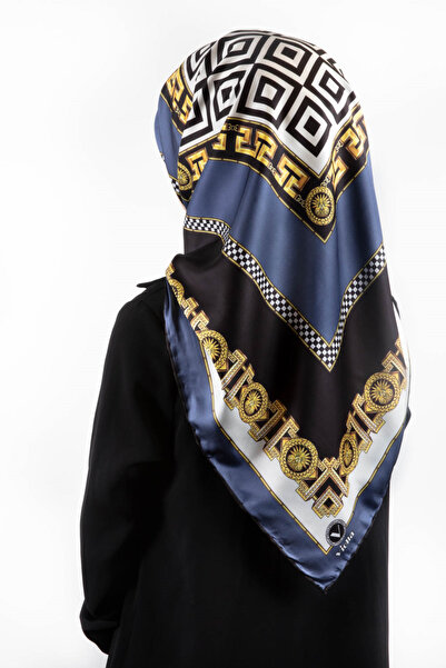 VİOLLA Twill Çizgili Barok Desenli İndigo Renkli 90x90 Eşarp (İpek İçermez)