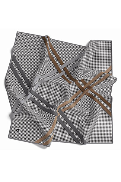 VİOLLA Twill Çizgili Pötikareli Çizgili Desenli Gri Renkli 90x90 Eşarp (İpek ...