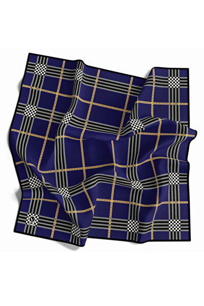 VİOLLA Twill Ekose Desenli Lacivert Renkli 90x90 Eşarp (İpek İçermez) Kenar D...
