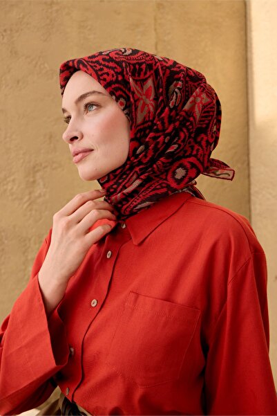 Silk Home Eșarfă subțire din bumbac moale, roșu deschis-negru pal, cu model d...