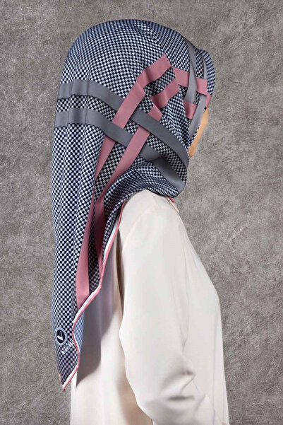VİOLLA Twill Çizgili Pötikareli Çizgili Desenli Pudra - Gri Renkli 90x90 Eşar...