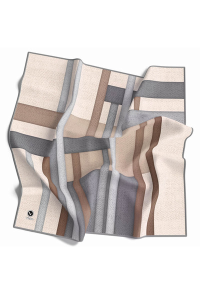 VİOLLA Twill Renkli Şerit Desenli Gri Renkli 90x90 Eşarp (İpek İçermez) Kenar...