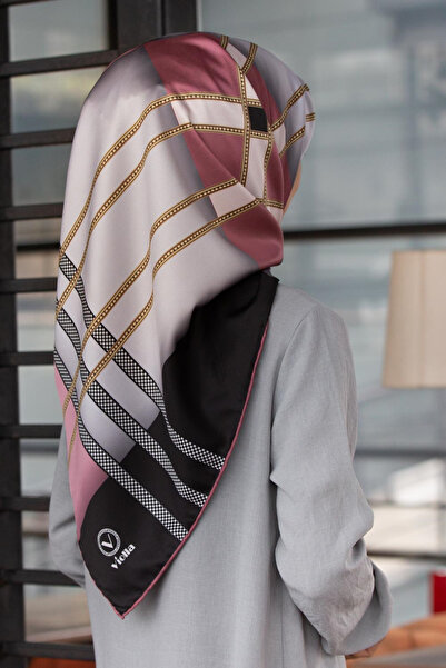 VİOLLA Twill Geometrik Desenli Gri - Pudra Renkli 90x90 Eşarp (İpek İçermez) ...