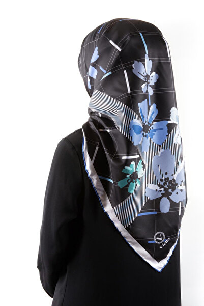 VİOLLA Twill Papatya Desenli Saks Renkli 90x90 Eşarp (İpek İçermez) Kenar Dik...