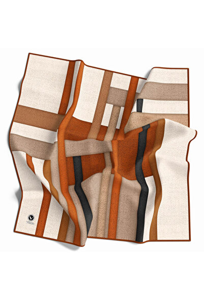 VİOLLA Twill Renkli Şerit Desenli Taba Renkli 90x90 Eşarp (İpek İçermez) Kena...