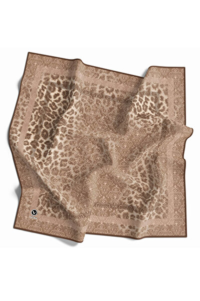 VİOLLA Twill Leopar Desenli Bej Renkli 90x90 Eşarp (İpek İçermez) Kenar Dikiş...