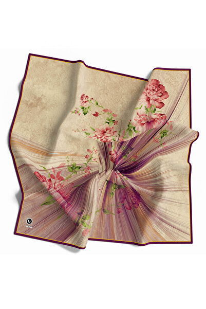 VİOLLA Twill Çiçekli Desenli Mürdüm Renkli 90x90 Eşarp (İpek İçermez) Kenar D...