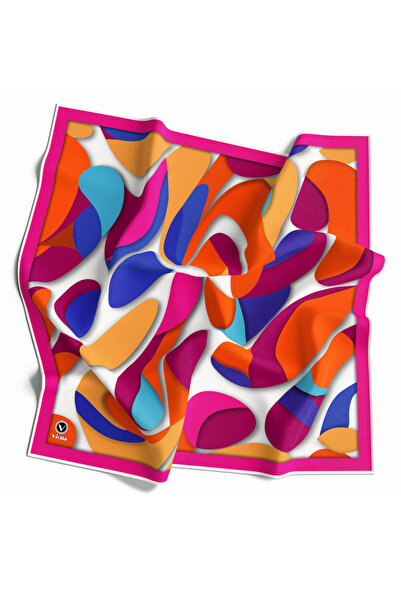 VİOLLA Twill Soyut Geometrik Desenli Fuşya - Turuncu Renkli 90x90 Eşarp (İpek...