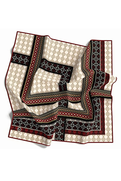 VİOLLA Twill Etnik Desenli Bordo Renkli 90x90 Eşarp (İpek İçermez) Kenar Diki...