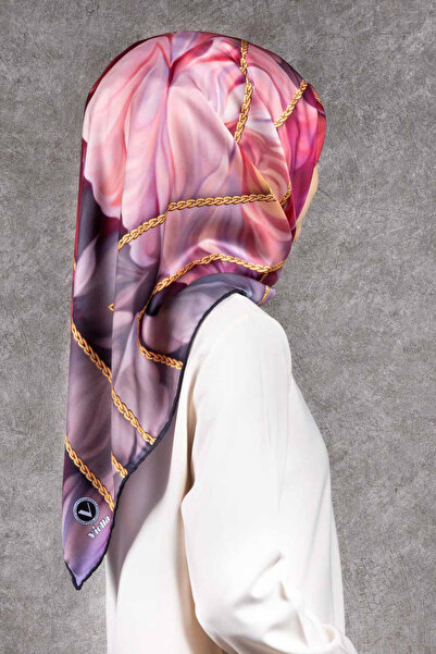 VİOLLA Twill Gül Desenli Pudra - Bebe Mavisi Renkli 90x90 Eşarp (İpek İçermez...