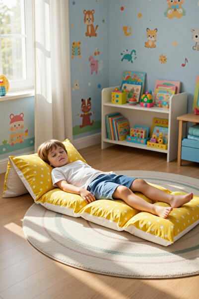 Bundeba Puf Sarı Yıldızlı Çocuk Katlanır Yer Minderi Bebek Yer Yatağı 5 Bölme...