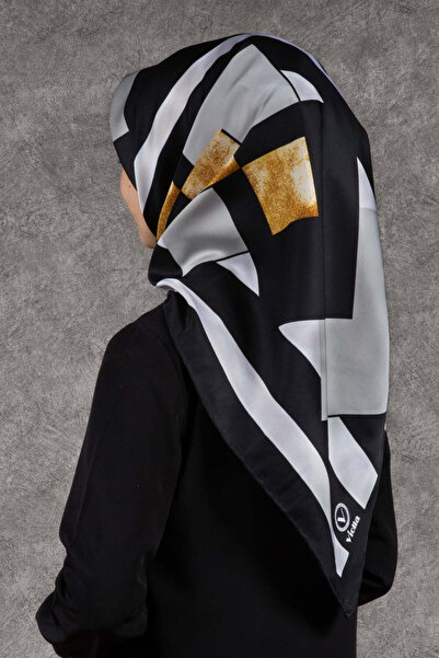 VİOLLA Twill Çizgili ve Gold Desenli Siyah - Krem Renkli 90x90 Eşarp (İpek İç...