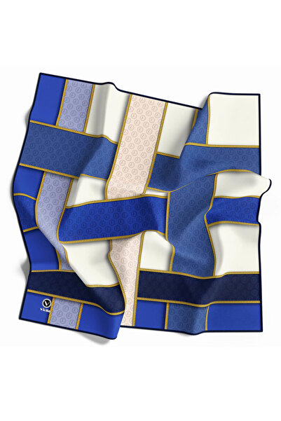 VİOLLA Twill Şeritleri Monogram Desenli Saks Renkli 90x90 Eşarp (İpek İçermez...