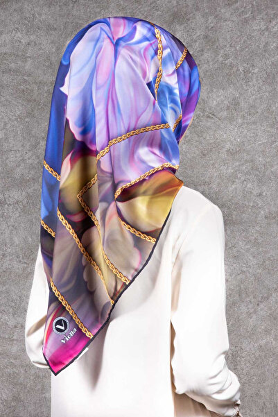 VİOLLA Twill Gül Desenli Saks - Pembe Renkli 90x90 Eşarp (İpek İçermez) Kenar...