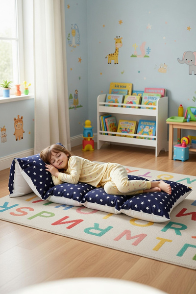 Bundeba Puf Lacivert Yıldızlı Çocuk Katlanır Yer Minderi Bebek Yer Yatağı 5 B...