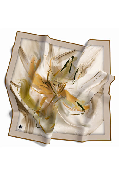 VİOLLA Twill Çiçek Tablo Desenli Hardal Renkli 90x90 Eşarp (İpek İçermez) Ken...
