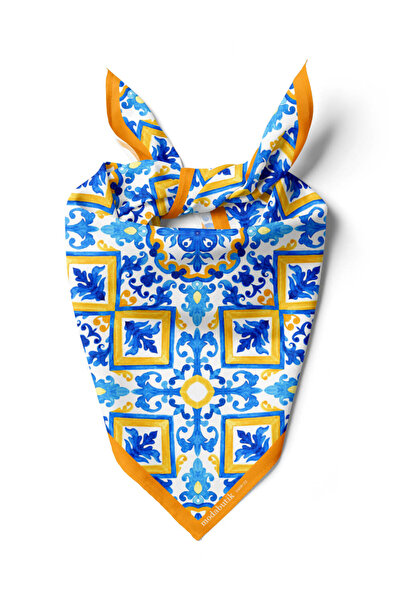 Modabutik A31 Kadın Egzotik Desenli Bandana 50x50 Sarı Mavi DG0408-22 Snz