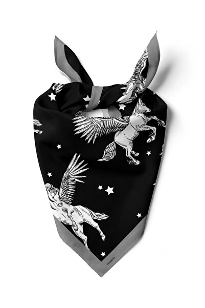 Modabutik H1 Kadın Pegas Desenli Bandana 50x50 Siyah Beyaz DG0381-22