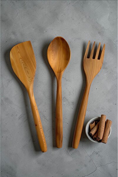 Öz ahsap Rosewood Handmade 3-Piece Wooden Spoon, Fork & Spatula Kitchen Set