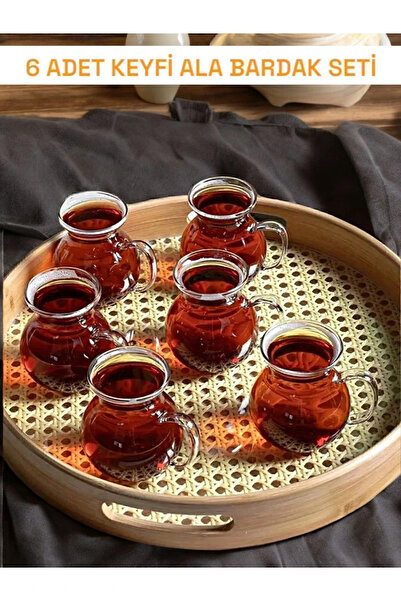 Ercazzo 6'lı Keyfi Ala Borosilikat Isıya Dayanıklı Cam Kulplu Çay Bardağı 220...