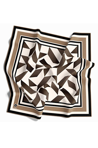 VİOLLA Twill Geometrik Desenli Bej Renkli 90x90 Eşarp (İpek İçermez) Kenar Di...
