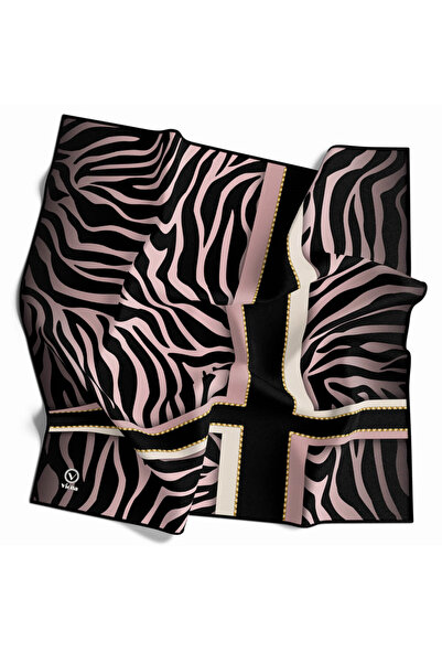 VİOLLA Twill Zebra Desenli Siyah - Pudra Renkli 90x90 Eşarp (İpek İçermez) Di...