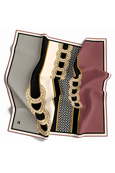 VİOLLA Twill Gold Kemerli Geometrik Desenli Pudra Renkli 90x90 Eşarp (İpek İç...