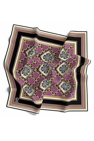 VİOLLA Twill Geometrik Ve Zincirli Desenli Pembe Renkli 90x90 Eşarp (İpek İçe...