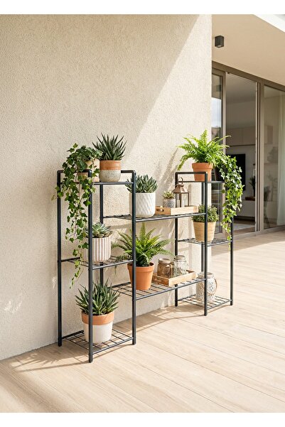 Uyan Ev Ürünleri UYAN EV ÜRÜNLERİ Garden 8 Raflı Siyah Metal Saksılık Bahçe B...