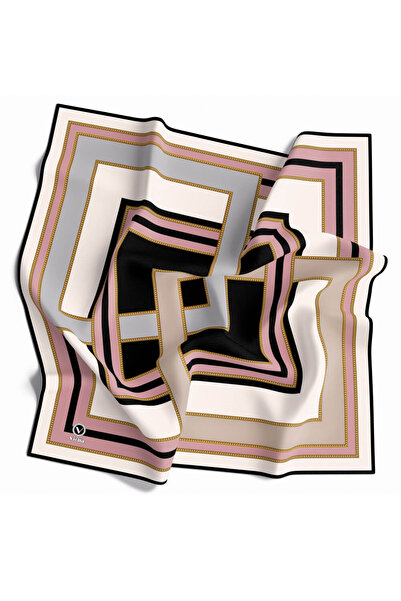 VİOLLA Twill Çerçeve Desenli Gri - Pudra Renkli 90x90 Eşarp (İpek İçermez) Ke...