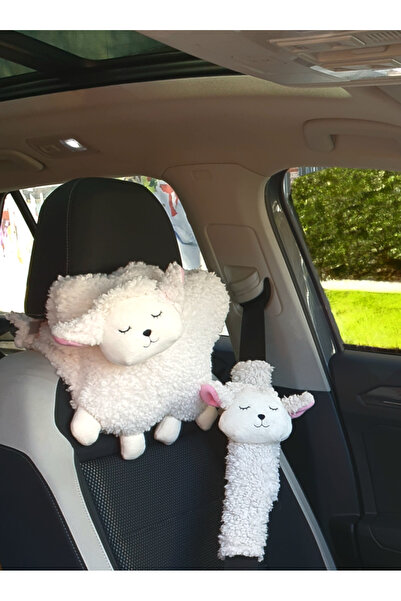 Genel Markalar Beyaz Kuzulu Peluş Araba Boyun Yastığı ve Emniyet Kemeri Kılıf...