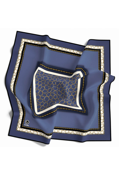 VİOLLA Twill Zincir Desenli İndigo Renkli 90x90 Eşarp (İpek İçermez) Kenar Di...