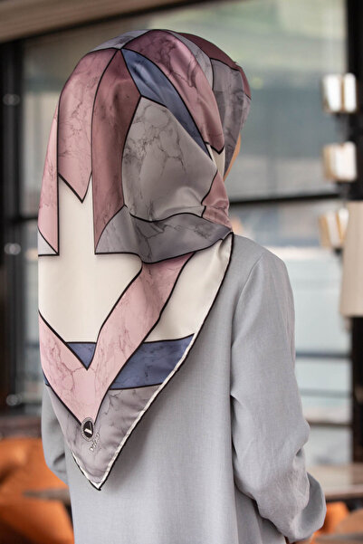 VİOLLA Twill Mermer Desenli Pudra - Bebe Mavisi Renkli 90x90 Eşarp (İpek İçer...
