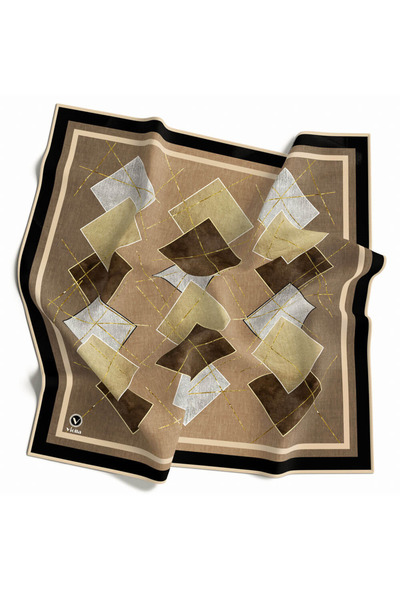 VİOLLA Twill Geometrik Desenli Bej Renkli 90x90 Eşarp (İpek İçermez) Kenar Di...