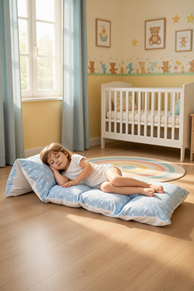 Bundeba Puf Mavi Yıldızlı Çocuk Katlanır Yer Minderi Bebek Yer Yatağı 5 Bölme...