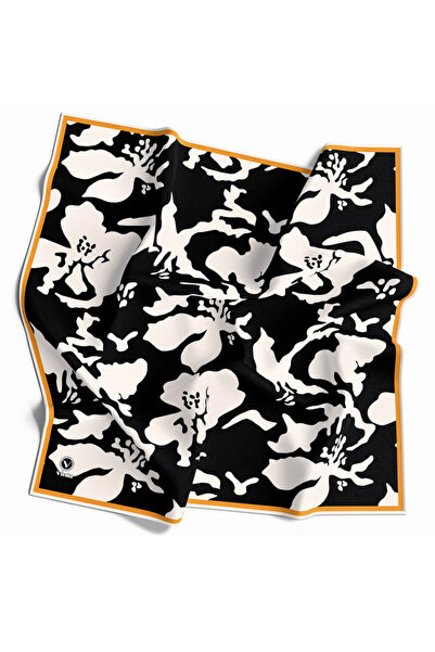 VİOLLA Κασκόλ 90x90 με μοτίβο λουλουδιών σε μαύρο - κρεμ χρώμα (δεν περιέχει ...