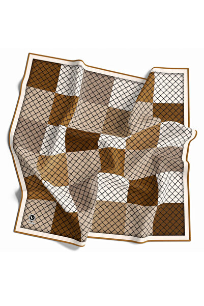 VİOLLA Twill Kare Desenli Hardal Renkli 90x90 Eşarp (İpek İçermez) Kenar Diki...