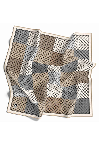 VİOLLA Twill Kare Desenli Bej Renkli 90x90 Eşarp (İpek İçermez) Kenar Dikiş Ş...