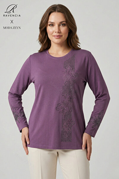 Ravencia Γυναικεία μπλούζα από χτενισμένο βαμβάκι με ριγέ σχέδιο, κέντημα με ...