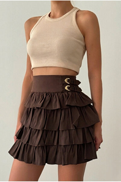 Safgiyim44 Double Belt Ruffled Mini Skirt with Accessories - Brown