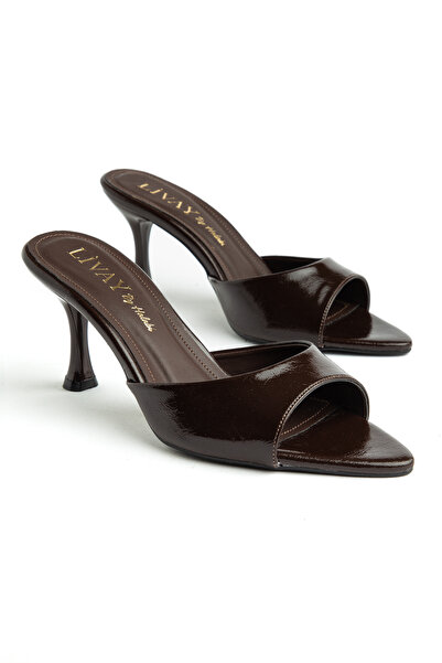 halabi moda Sandale de damă, maro amar, cu vârf ascuțit și toc scurt