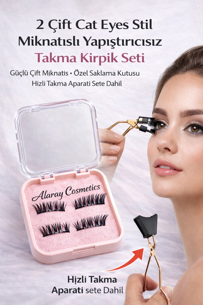 alaraycosmetics 2 Çift Cat Eyes Stil Mıknatıslı Kirpik Seti –Takma Aparat Hed...